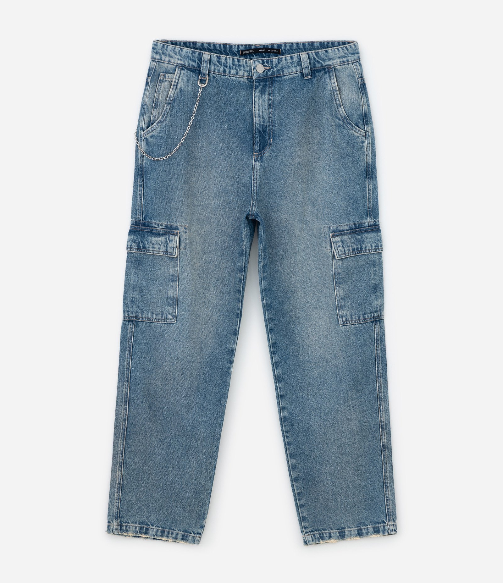 Calça Baggy Cargo em Jeans com Corrente Removível Azul 4
