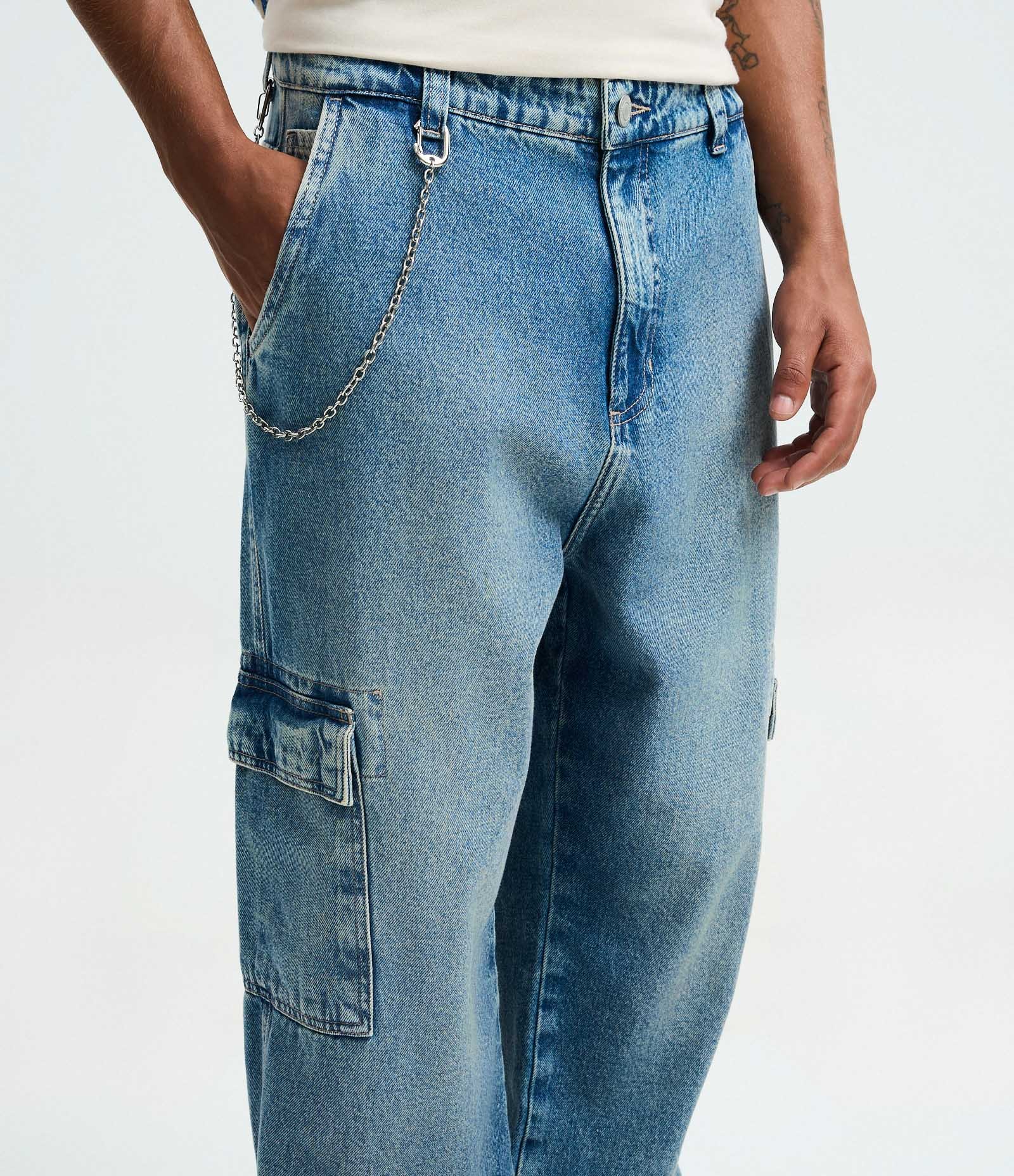 Calça Baggy Cargo em Jeans com Corrente Removível Azul 3