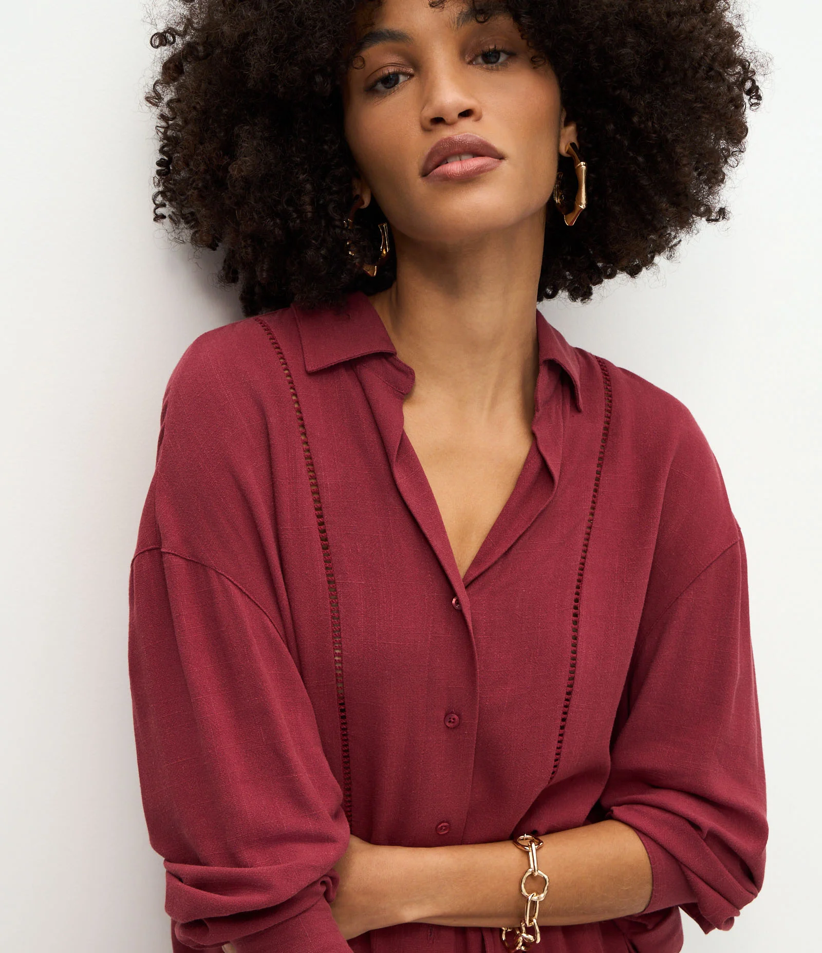 Camisa Oversized em Viscolinho com Entremeios Vermelho 3