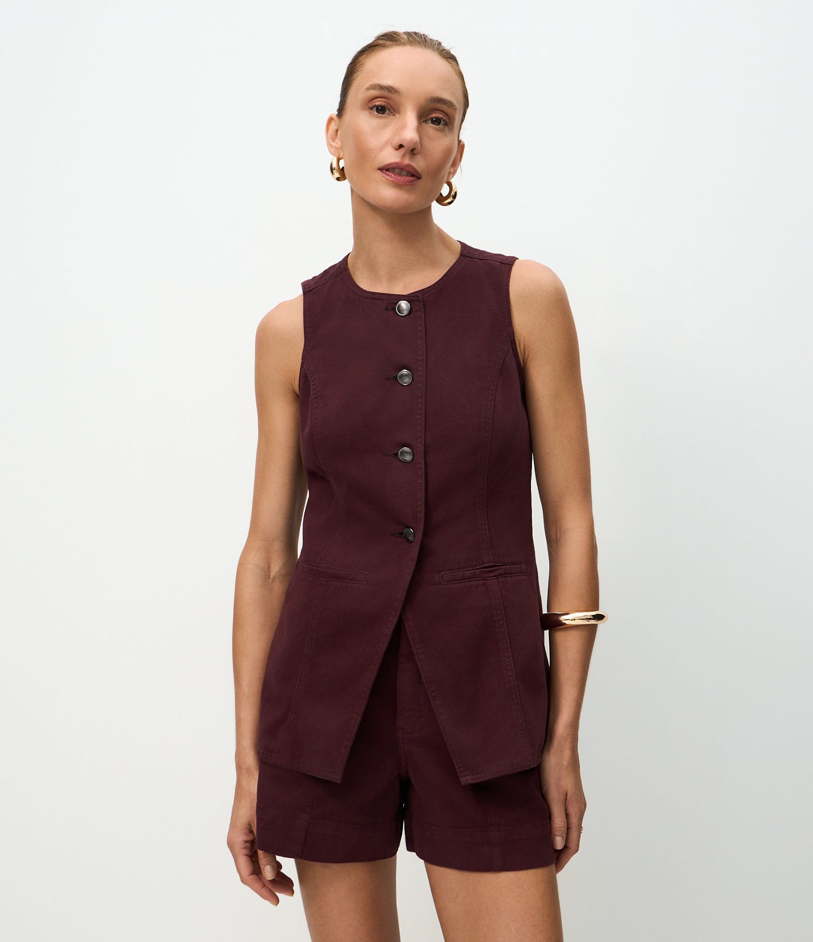 Colete Alongado em Sarja com Detalhes Contrastantes Bordô 1