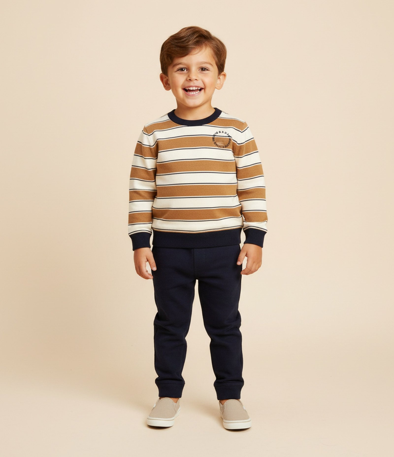 Conjunto Infantil em Moletom com Listras e Felpa Interna – Tam 1 a 6 Anos Caramelo/Azul Marinho 1