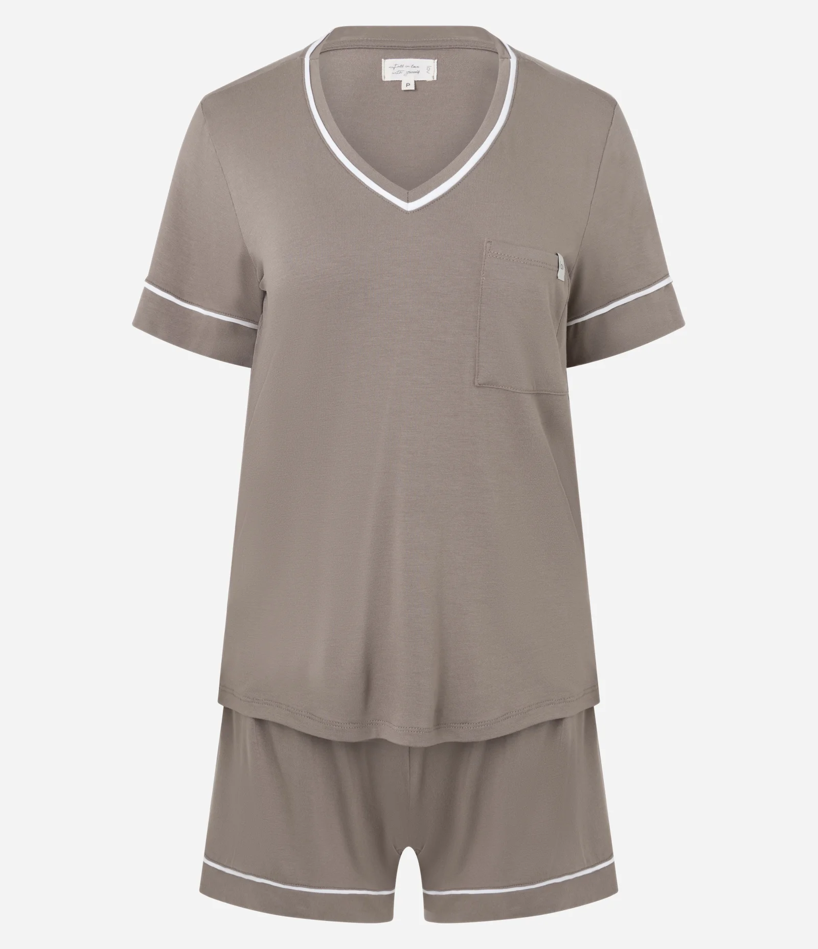 Pijama Curto em Viscose com Viés Contrastantes Bege 1