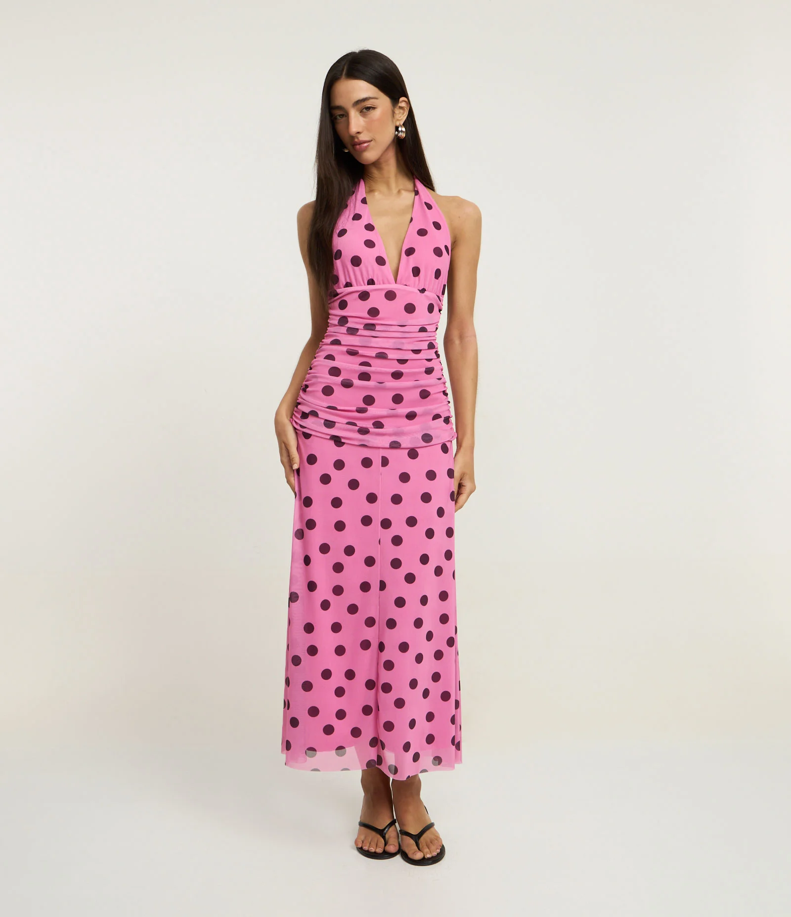 Vestido Evasê Longo Estampado em Tule e Franzido Rosa 2