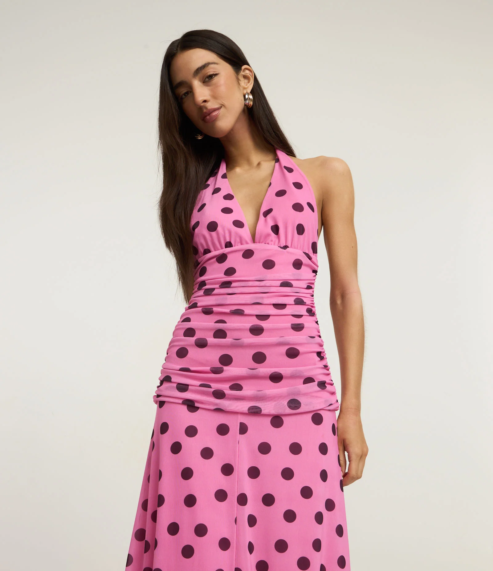 Vestido Evasê Longo Estampado em Tule e Franzido Rosa 3