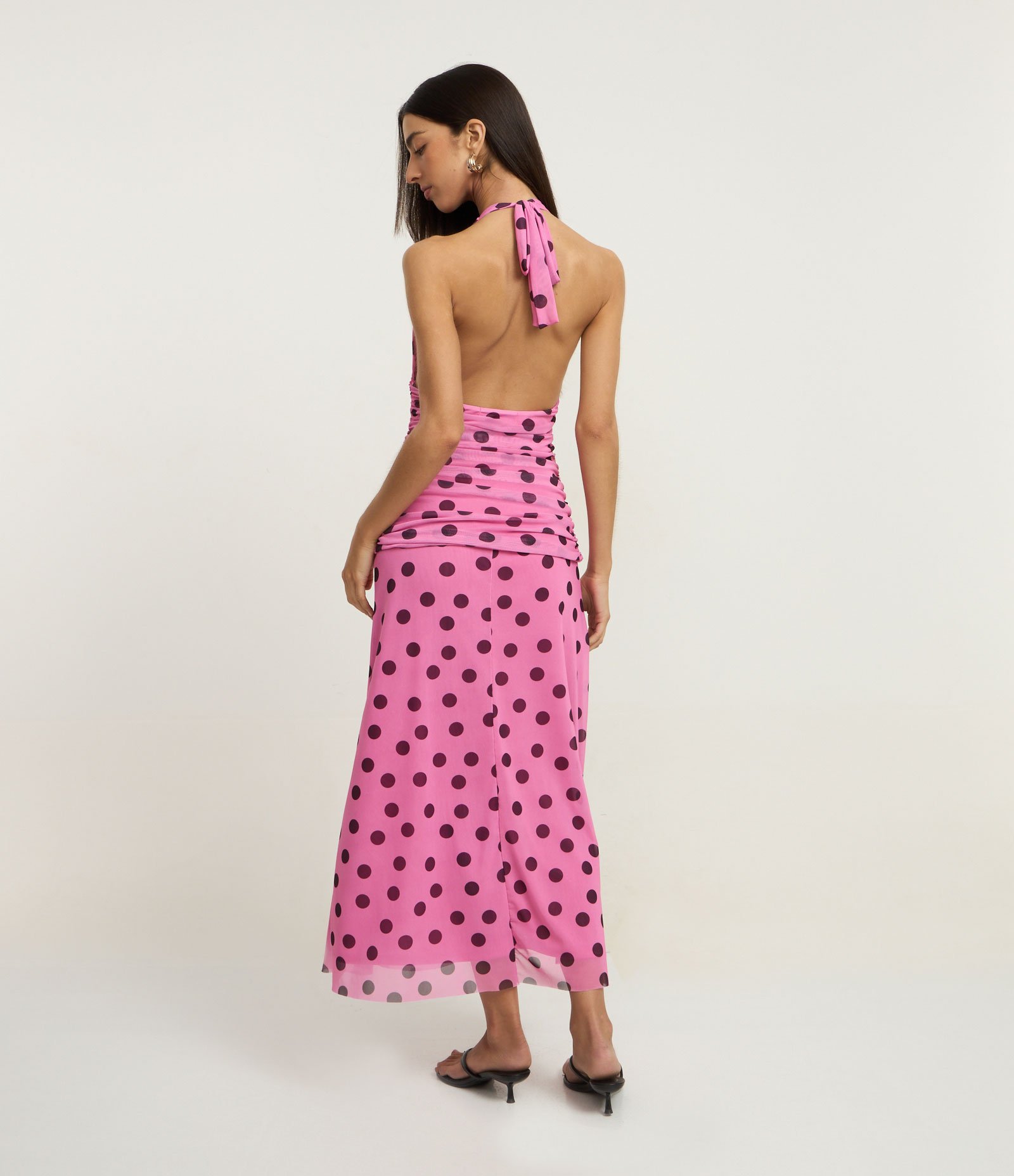 Vestido Evasê Longo Estampado em Tule e Franzido Rosa 5
