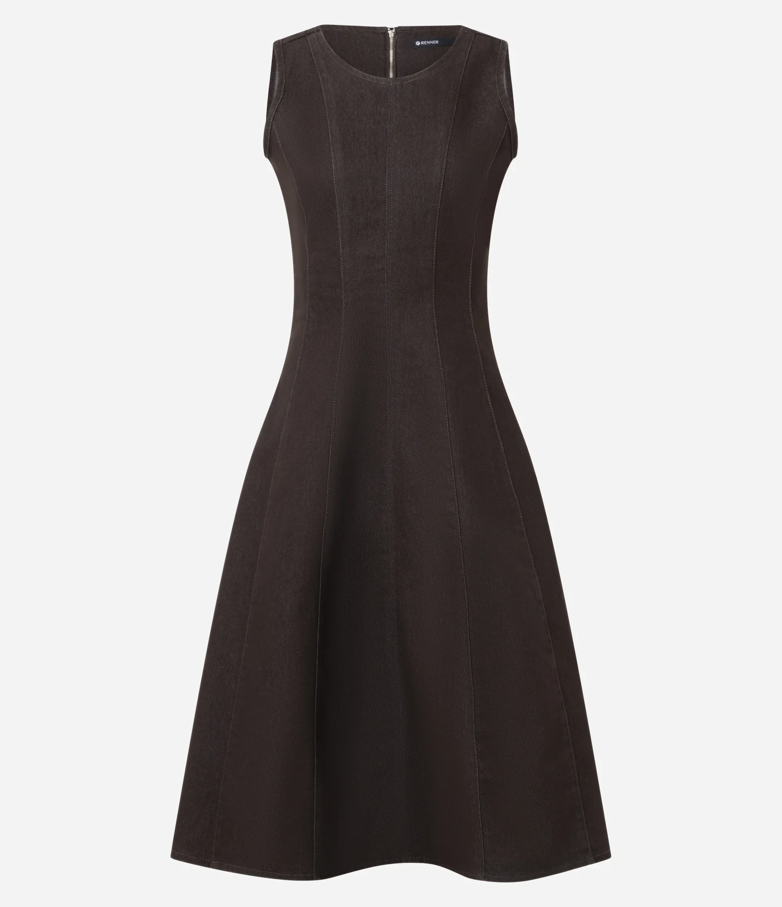 Vestido Midi em Jeans com Recortes e Gola Redonda Marrom 1