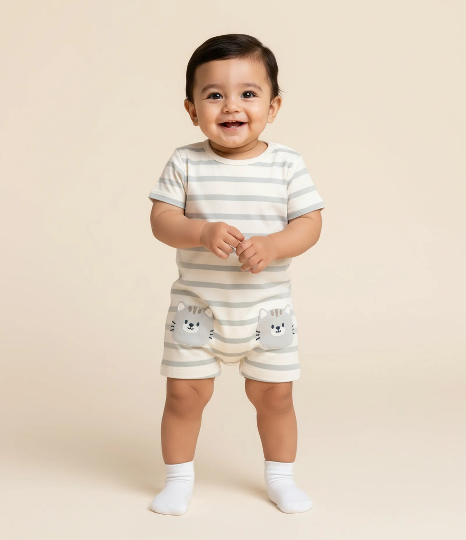 Macaquinho Infantil em Cotton com Listras e Gatinhos - Tam 0 a 18 meses Bege 1