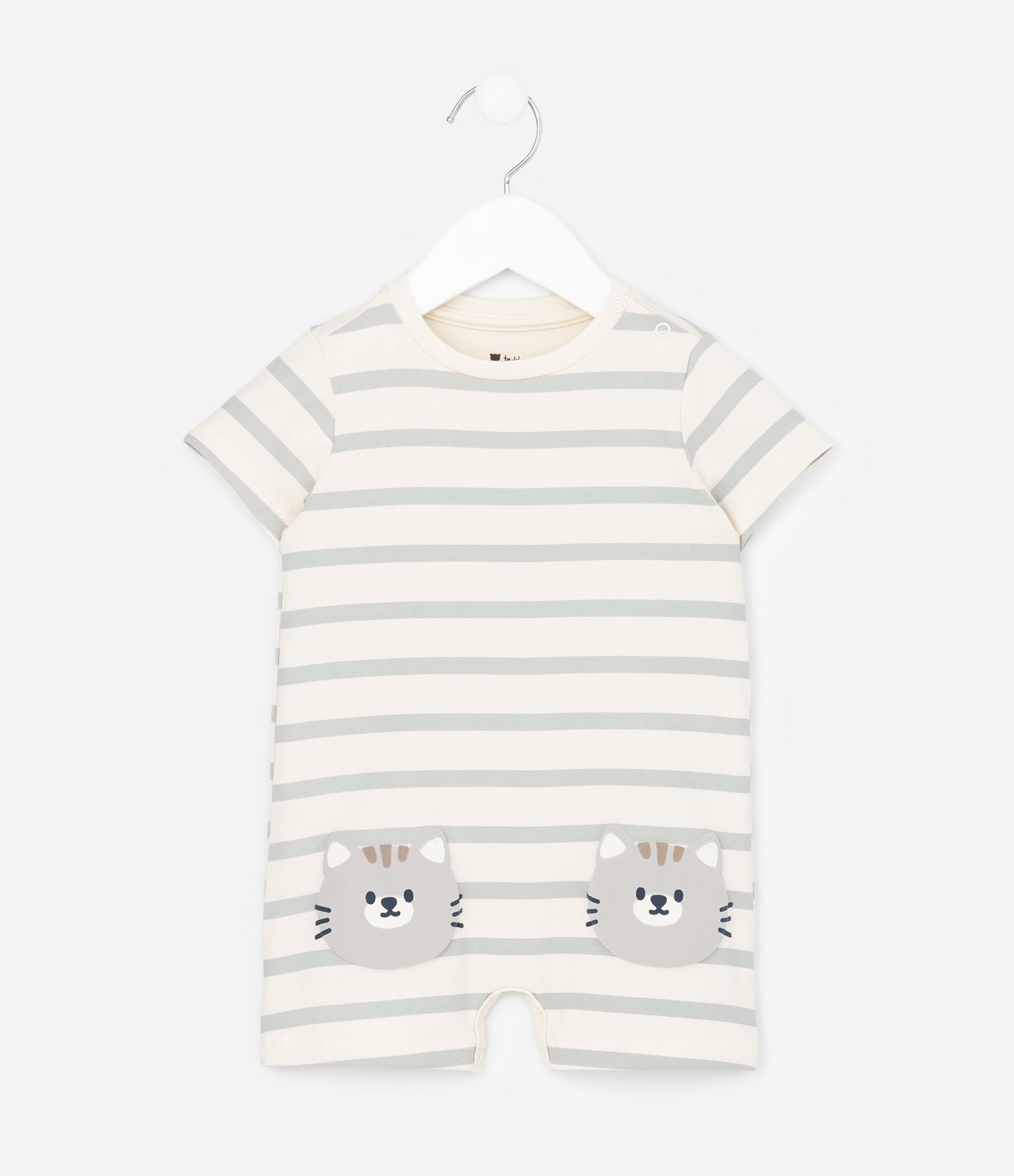 Macaquinho Infantil em Cotton com Listras e Gatinhos - Tam 0 a 18 meses Bege 2