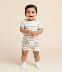 Macaquinho Infantil em Cotton com Listras e Gatinhos - Tam 0 a 18 meses