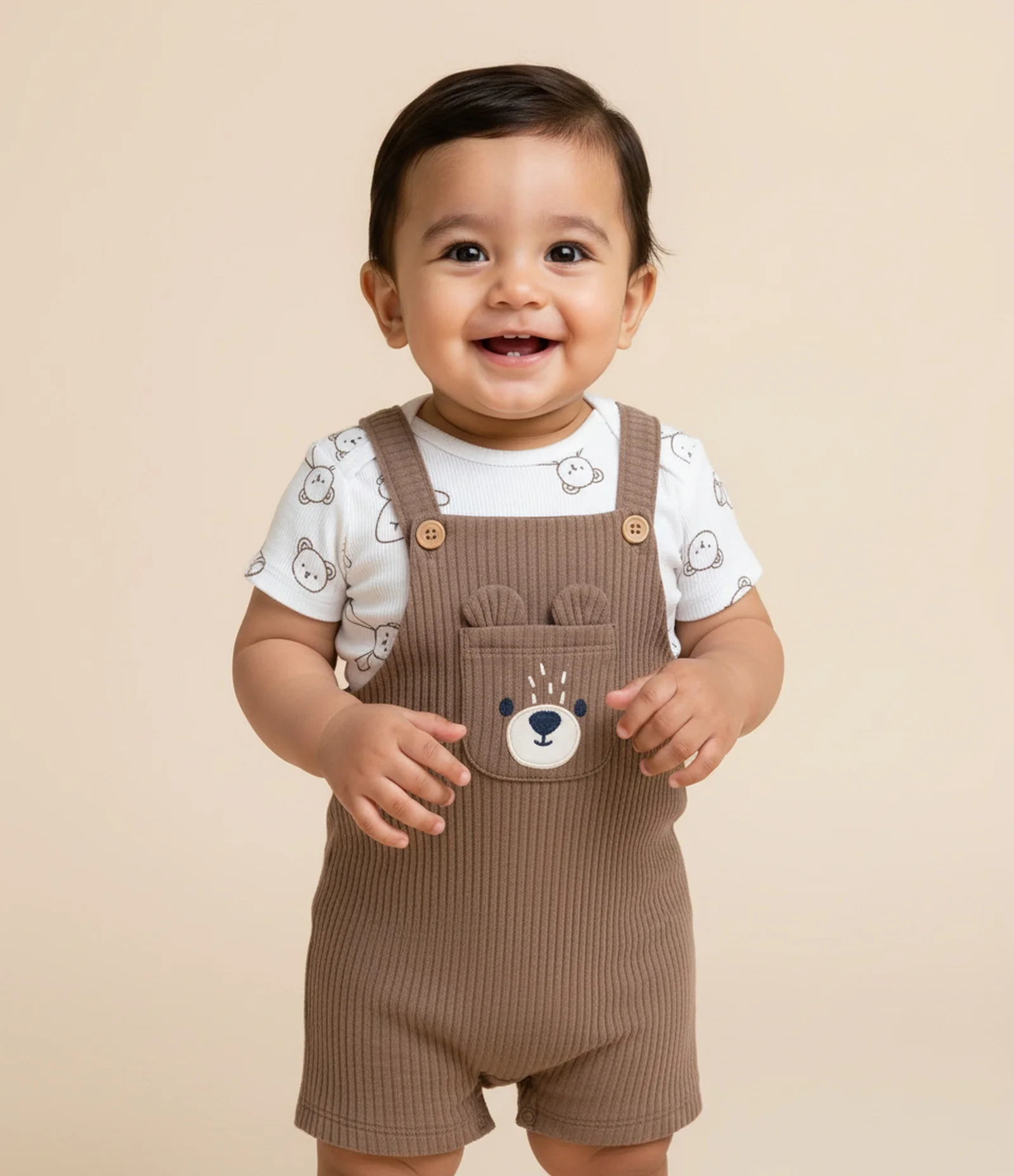 Conjunto Infantil Body e Jardineira com Bordado de Urso – Tam 0 a 18 Meses Marrom/Branco 1