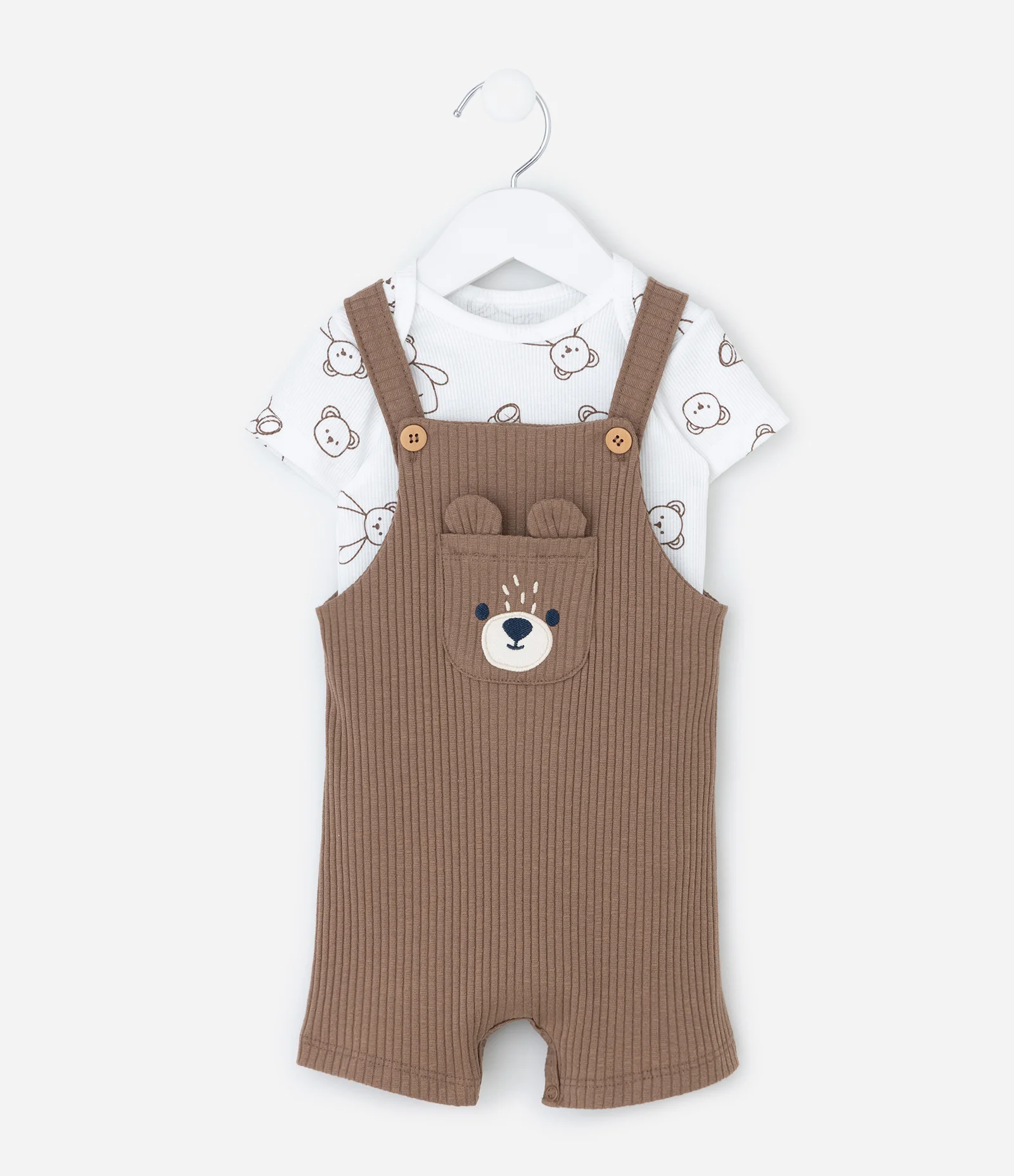Conjunto Infantil Body e Jardineira com Bordado de Urso – Tam 0 a 18 Meses Marrom/Branco 2