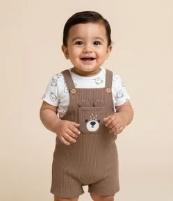 Conjunto Infantil Body e Jardineira com Bordado de Urso – Tam 0 a 18 Meses