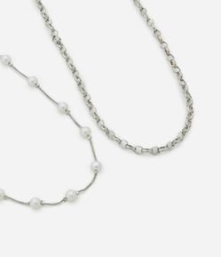 Kit 02 Colares em Metal com Corrente e Pérolas Espaçadas