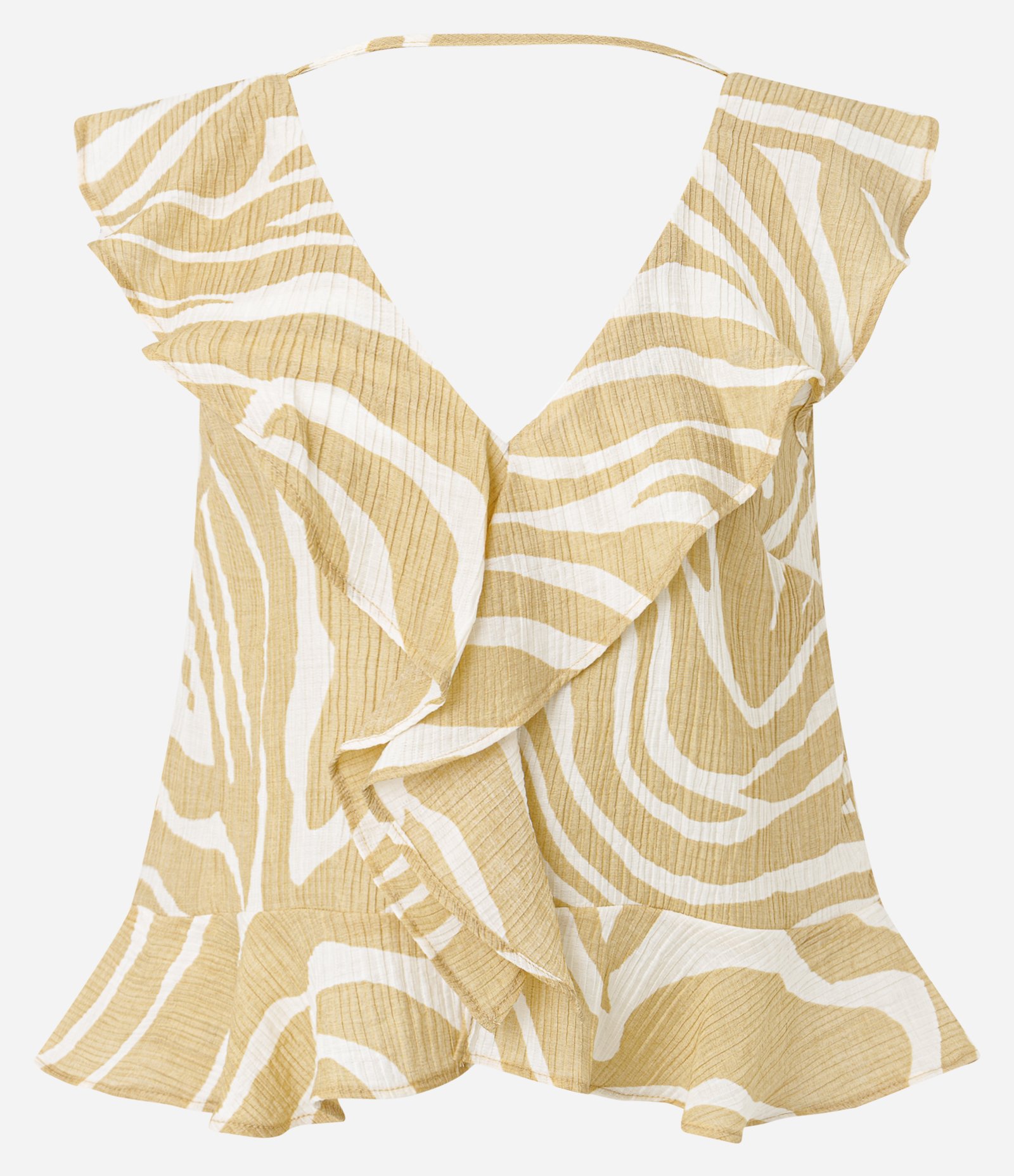 Blusa em Anarruga com Babados e Estampa Zebra Amarelo Queimado/Branco 8