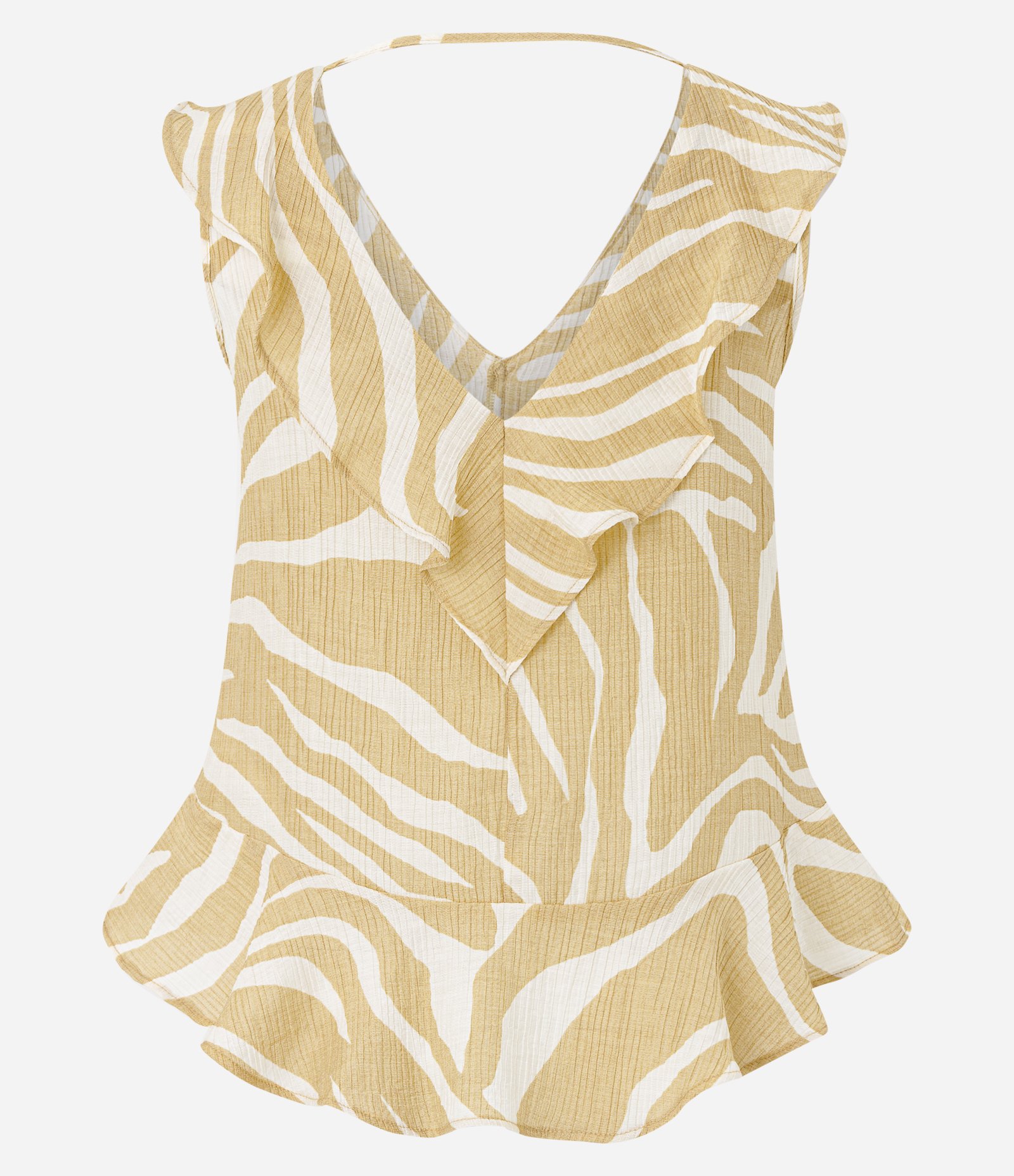 Blusa em Anarruga com Babados e Estampa Zebra Amarelo Queimado/Branco 10