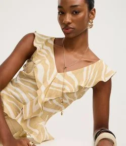 Blusa em Anarruga com Babados e Estampa Zebra