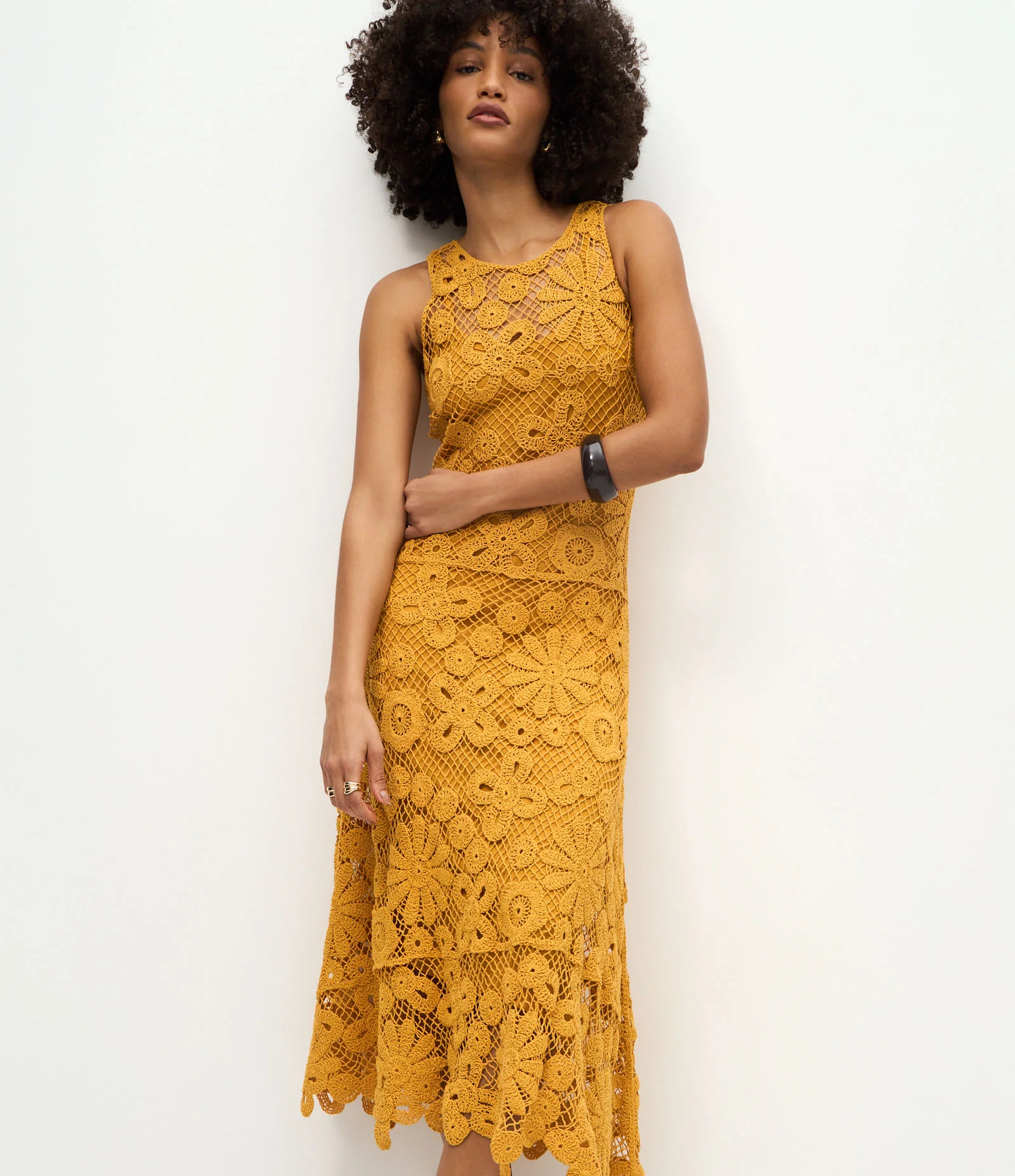 Vestido Midi de Crochê com Barra Assimétrica Amarelo 2