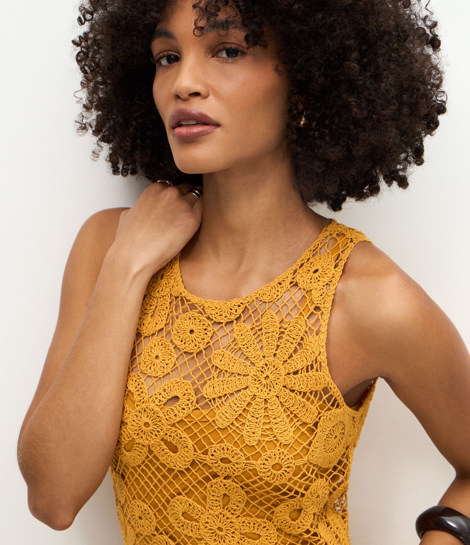 Vestido Midi de Crochê com Barra Assimétrica Amarelo 4