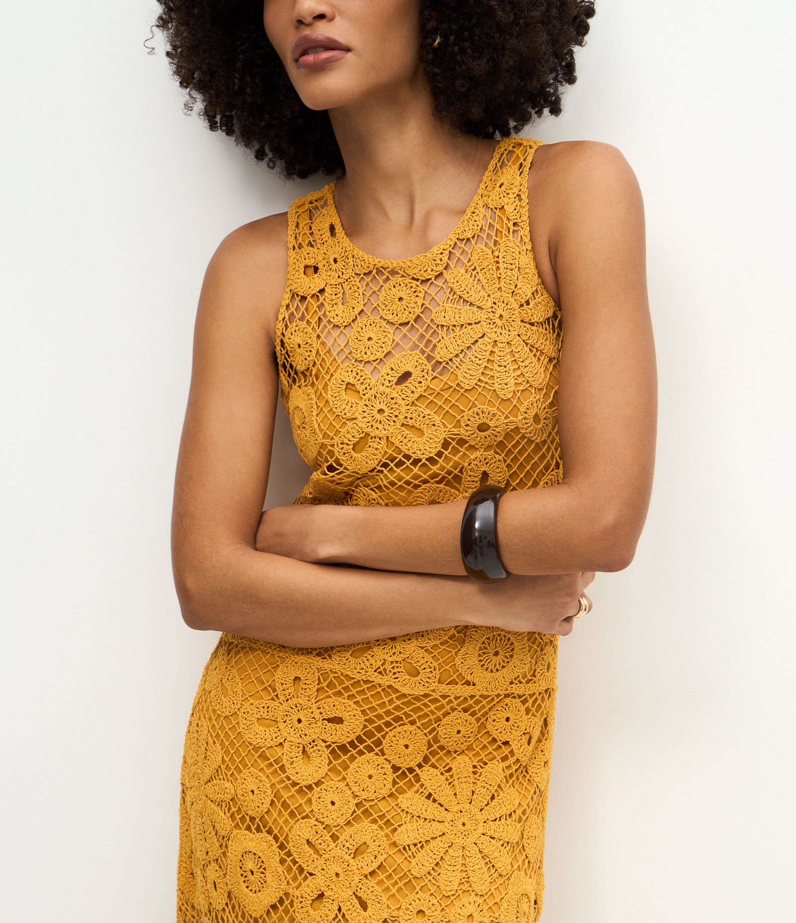 Vestido Midi de Crochê com Barra Assimétrica Amarelo 5
