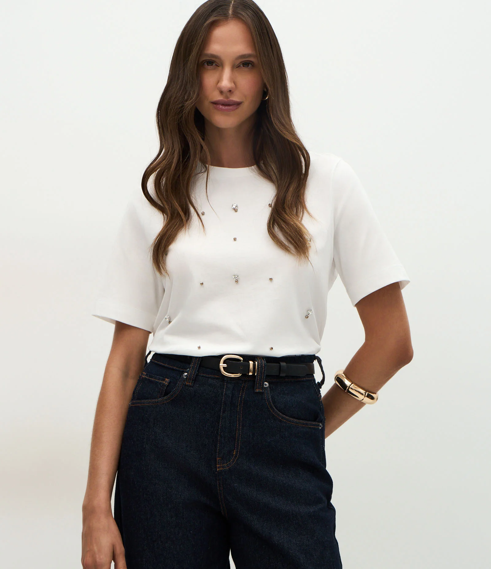 Camiseta Regular com Aplicação de Brilhos em Relevo Branco 1