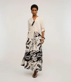 Saia Evasê em Viscolinho com Estampa Coqueiro e Folhagens