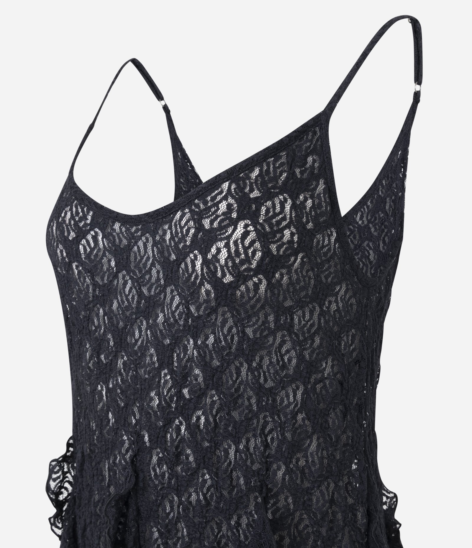 Blusa Rendada com Alças Finas e Pontas Assimétricas Preto 8