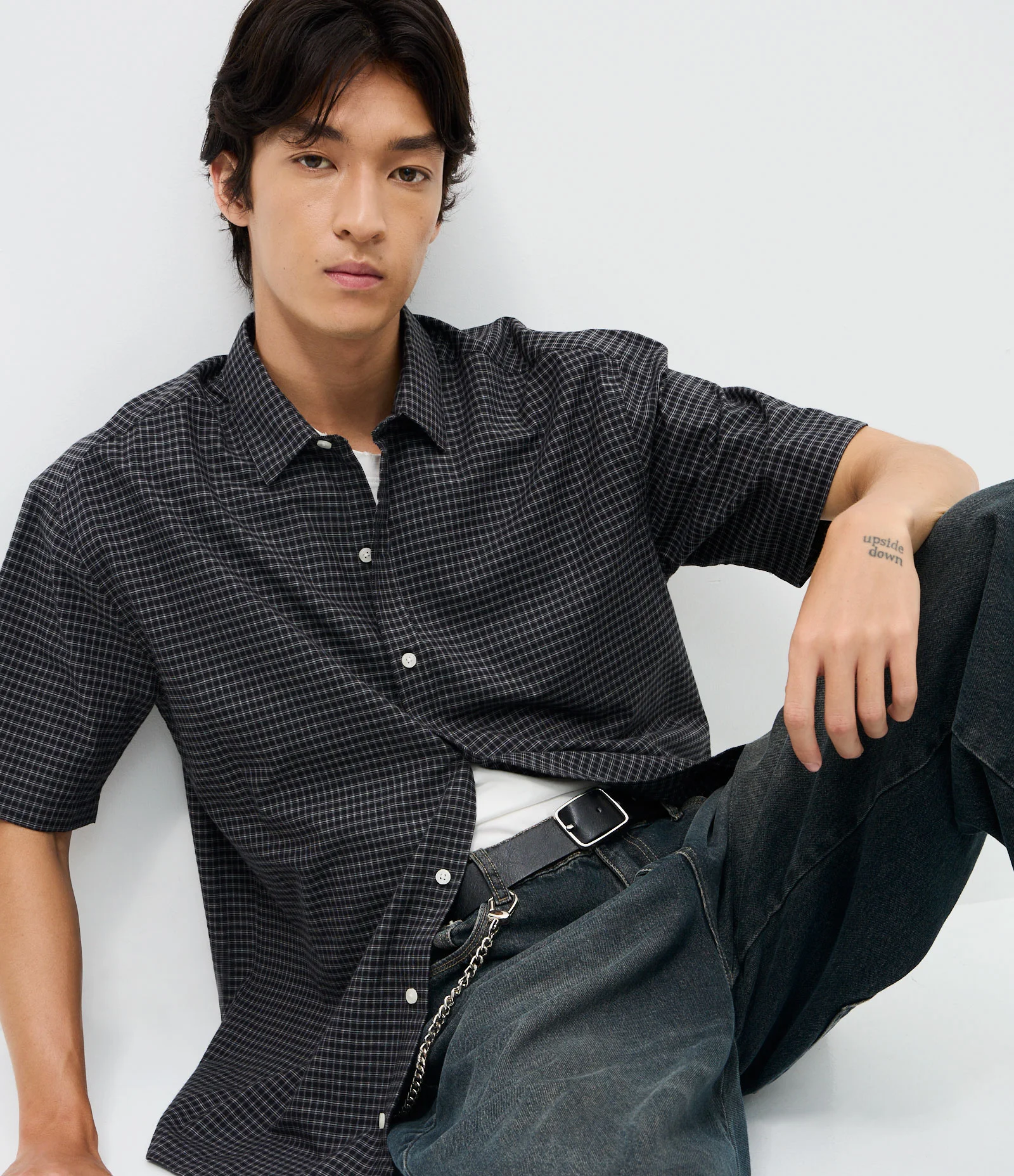 Camisa Manga Curta em Tricoline Xadrez Preto 2