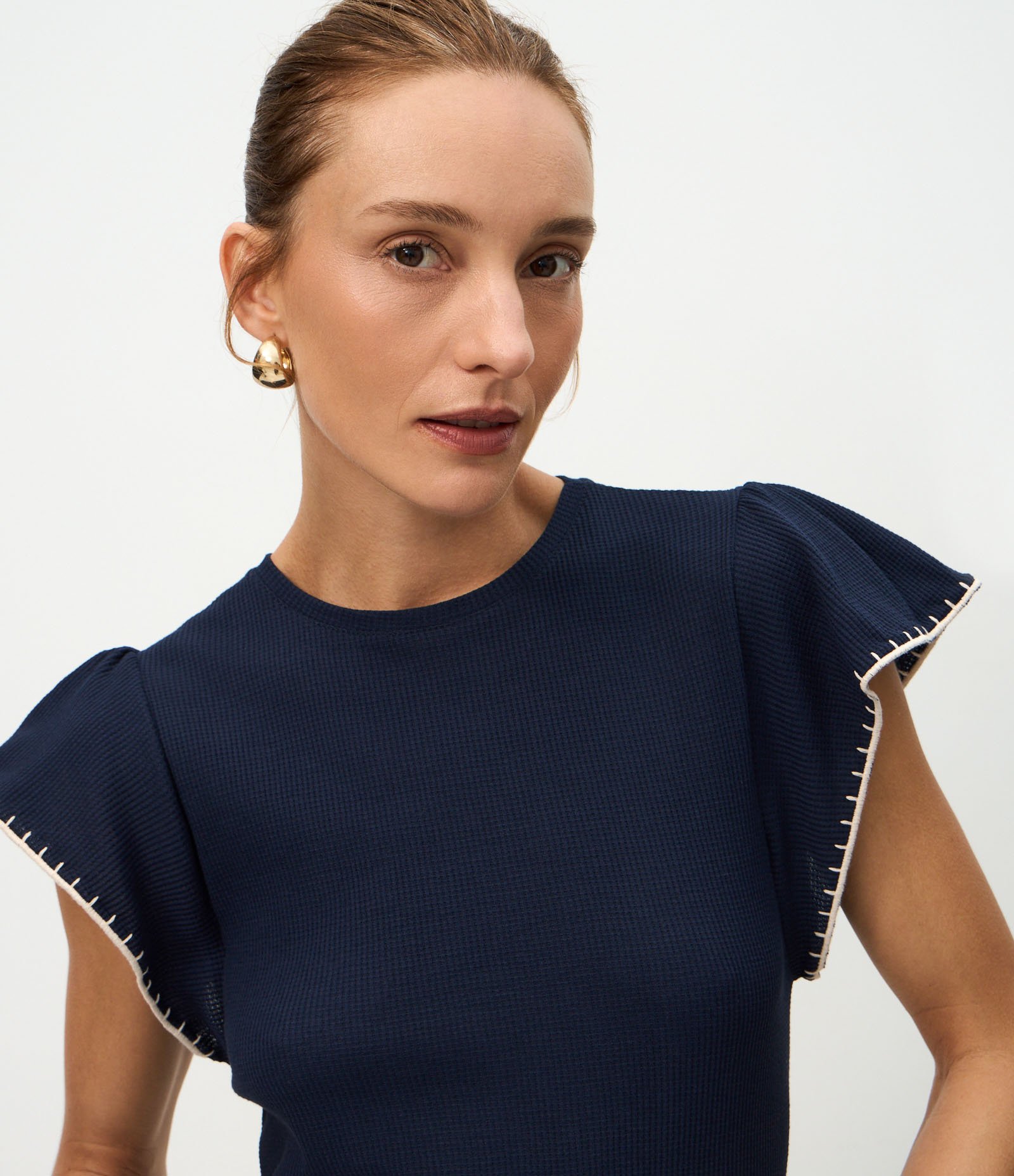 Blusa Manga Curta Texturizada com Bordado nas Mangas Azul 3
