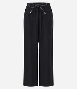 Calça Reta em Viscose com Bolsos Frontais e Cordão para Amarração