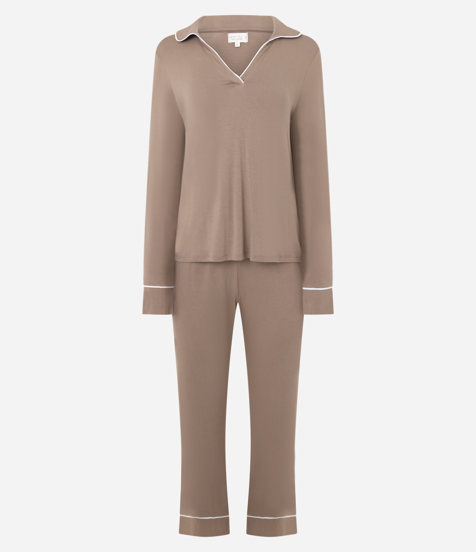 Pijama Longo em Vicscolycra com Piping Contrastante Marrom 1