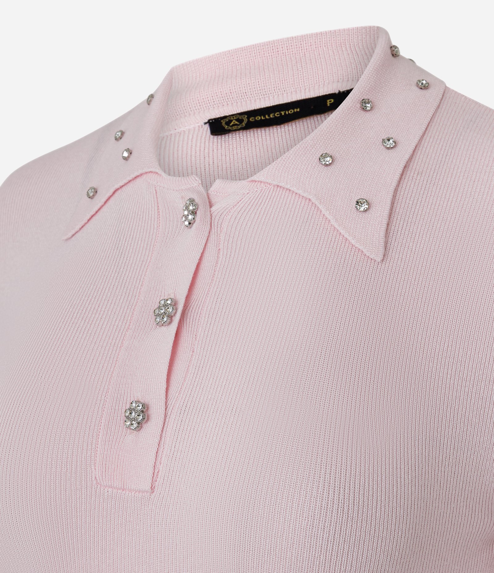 Blusa Polo em Tricô com Aplicação de Brilhos na Gola Rosa 5