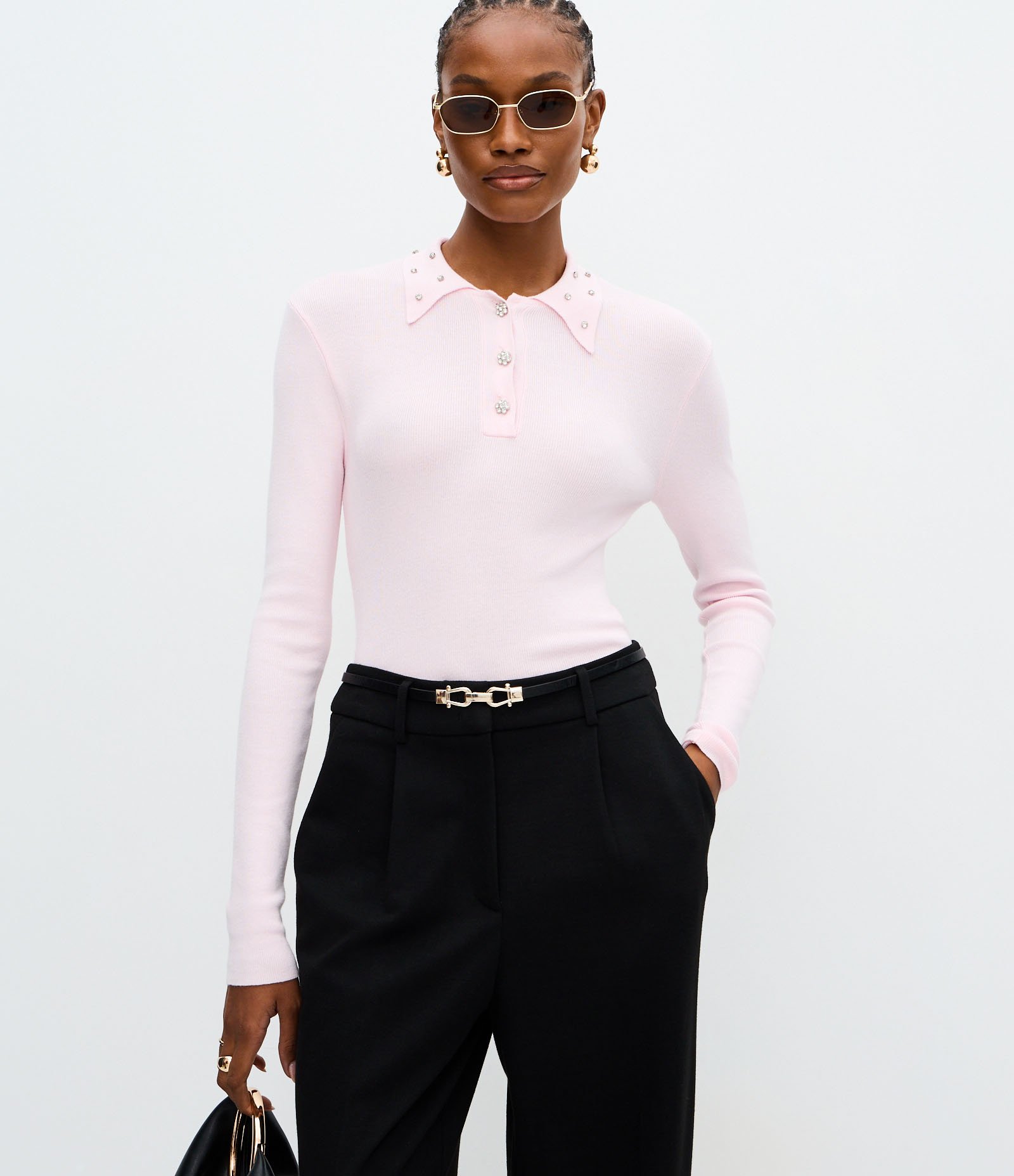 Blusa Polo em Tricô com Aplicação de Brilhos na Gola Rosa 1