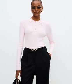 Blusa Polo em Tricô com Aplicação de Brilhos na Gola
