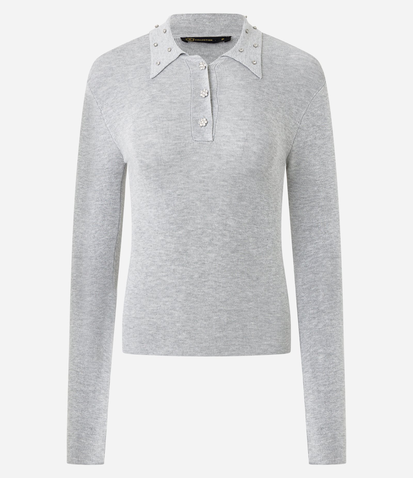 Blusa Polo em Tricô com Aplicação de Brilhos na Gola Cinza 5
