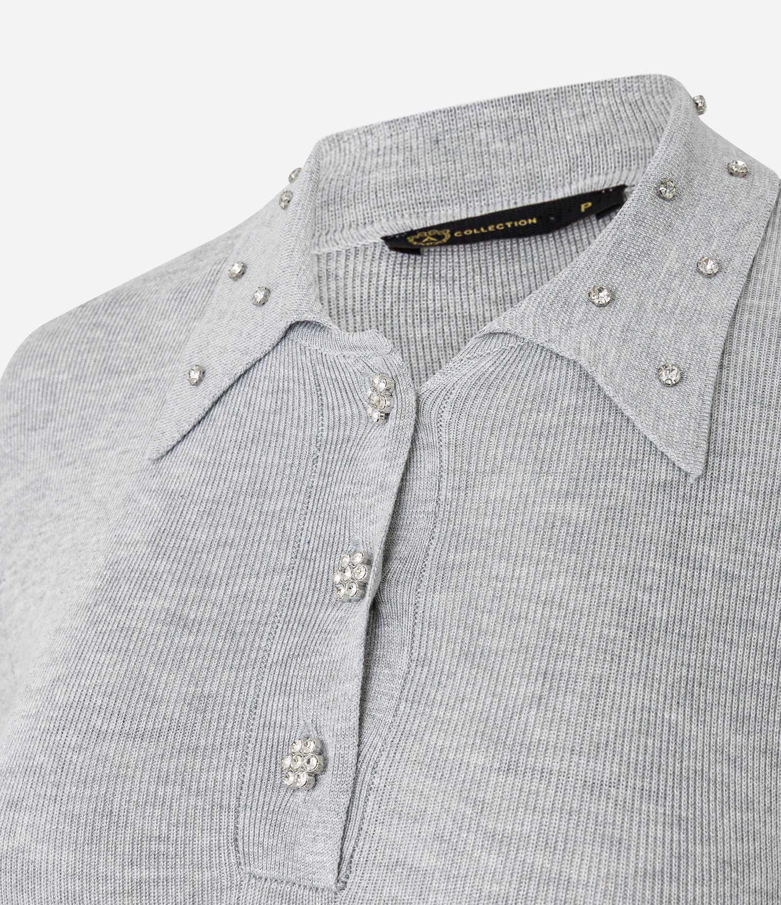 Blusa Polo em Tricô com Aplicação de Brilhos na Gola Cinza 6