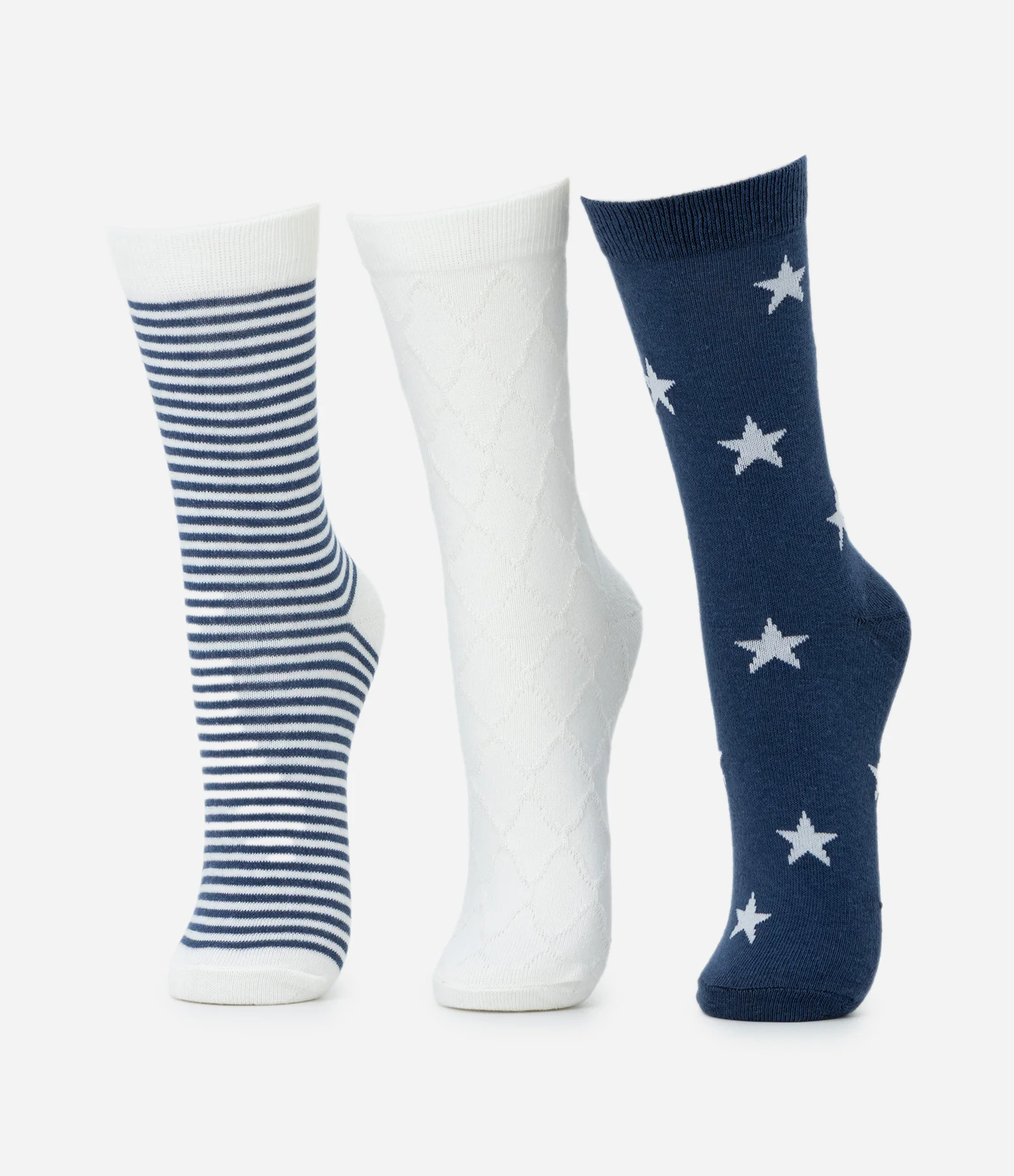 Kit 03 Meias Cano Médio em Algodão com Diferentes Estampas Azul/Branco 1