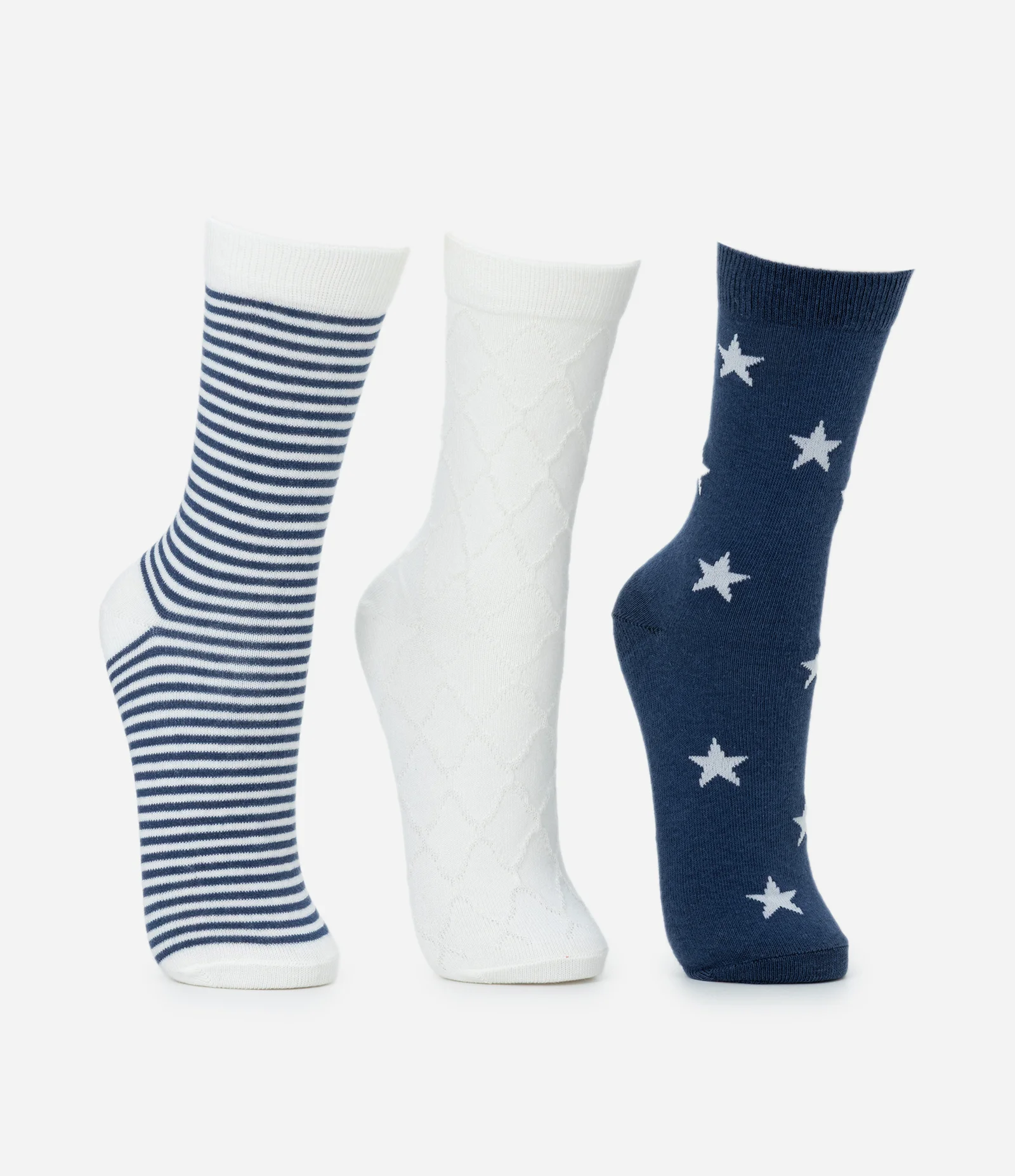 Kit 03 Meias Cano Médio em Algodão com Diferentes Estampas Azul/Branco 2