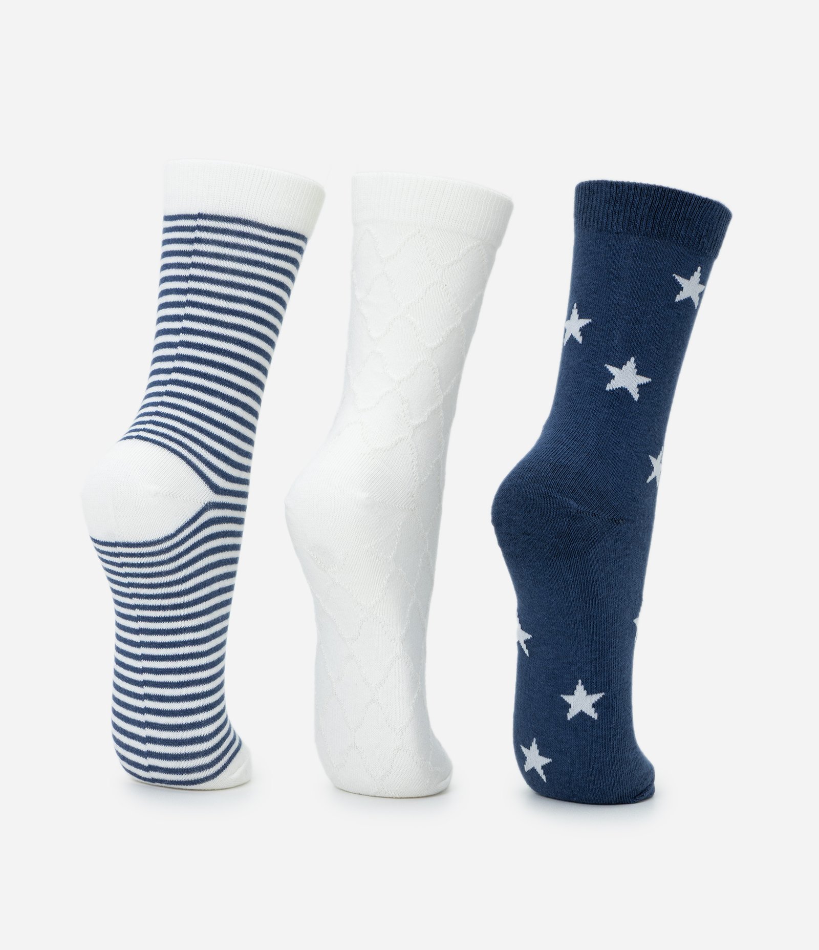 Kit 03 Meias Cano Médio em Algodão com Diferentes Estampas Azul/Branco 3