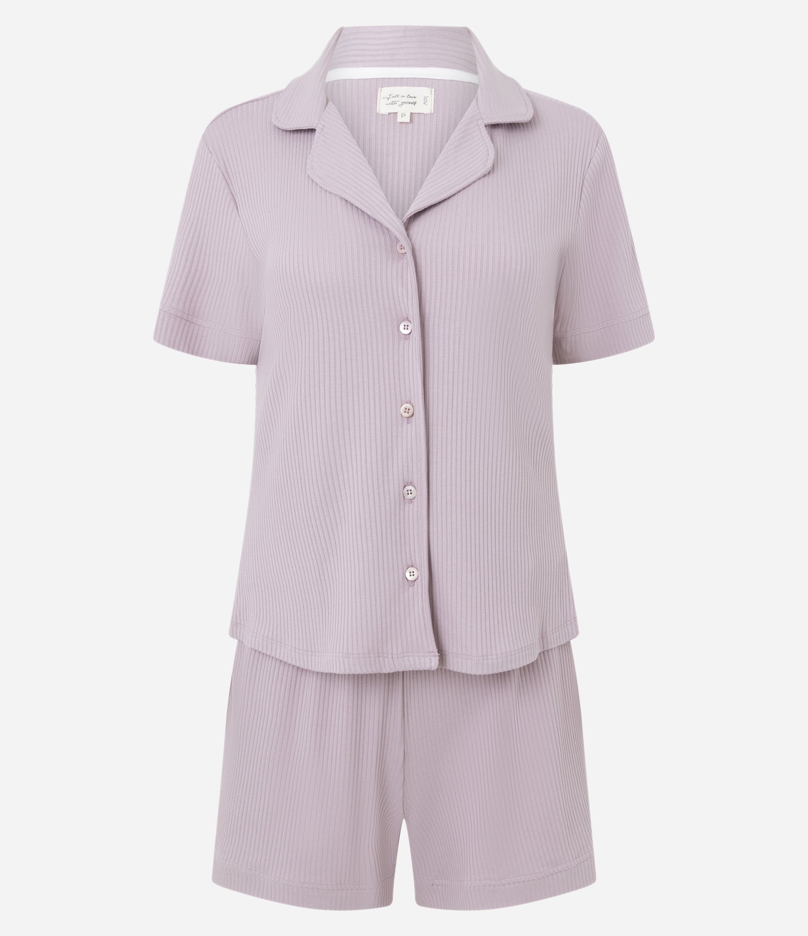 Pijama Americano Curto em Ribana com Botões Perolados Rosa 1