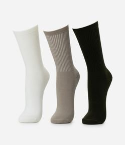 Kit 03 Meias Caneladas Básicas Cano Alto