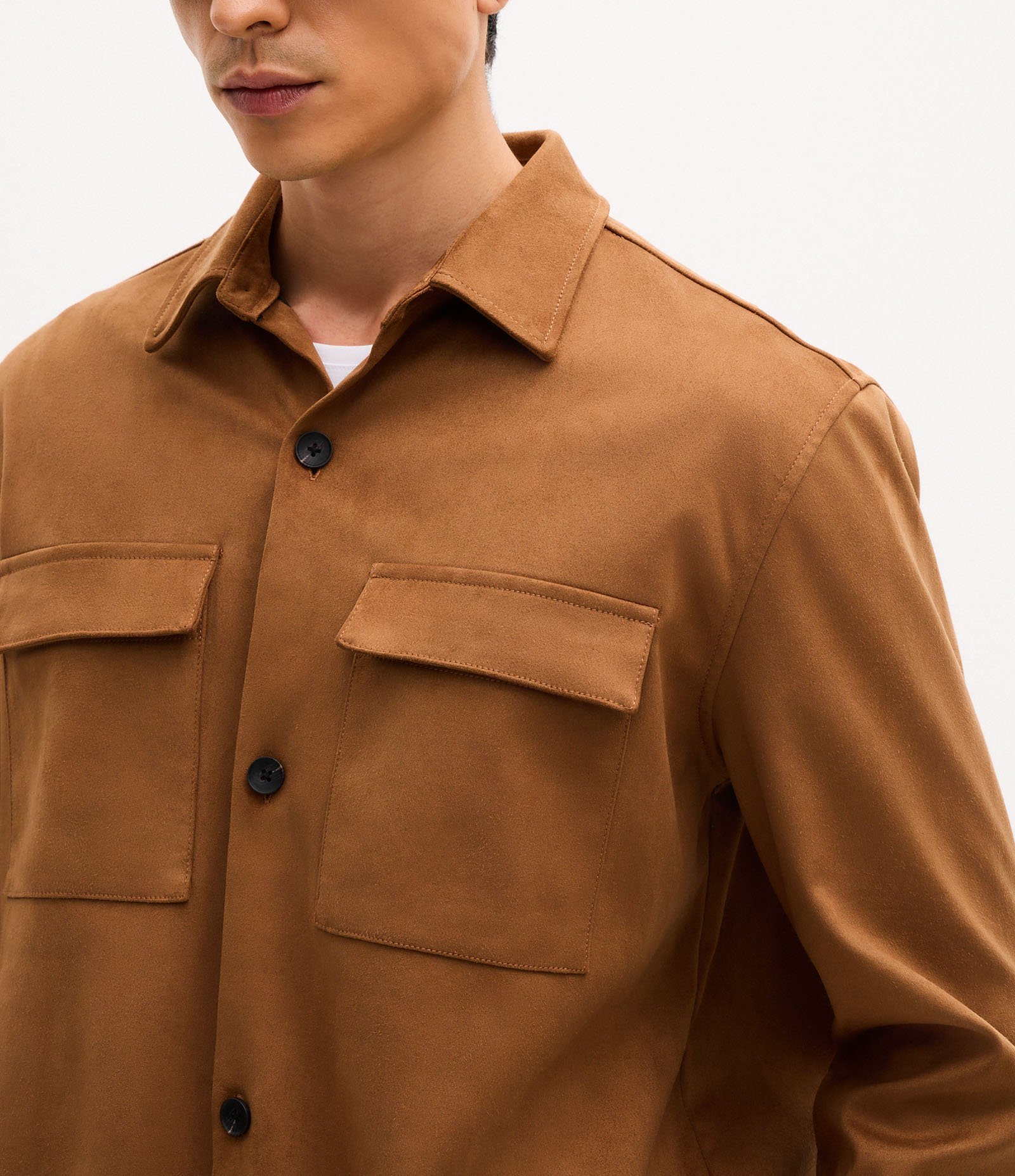 Jaqueta Overshirt Oversized em Suede Liso com Bolso Frontal Marrom 3