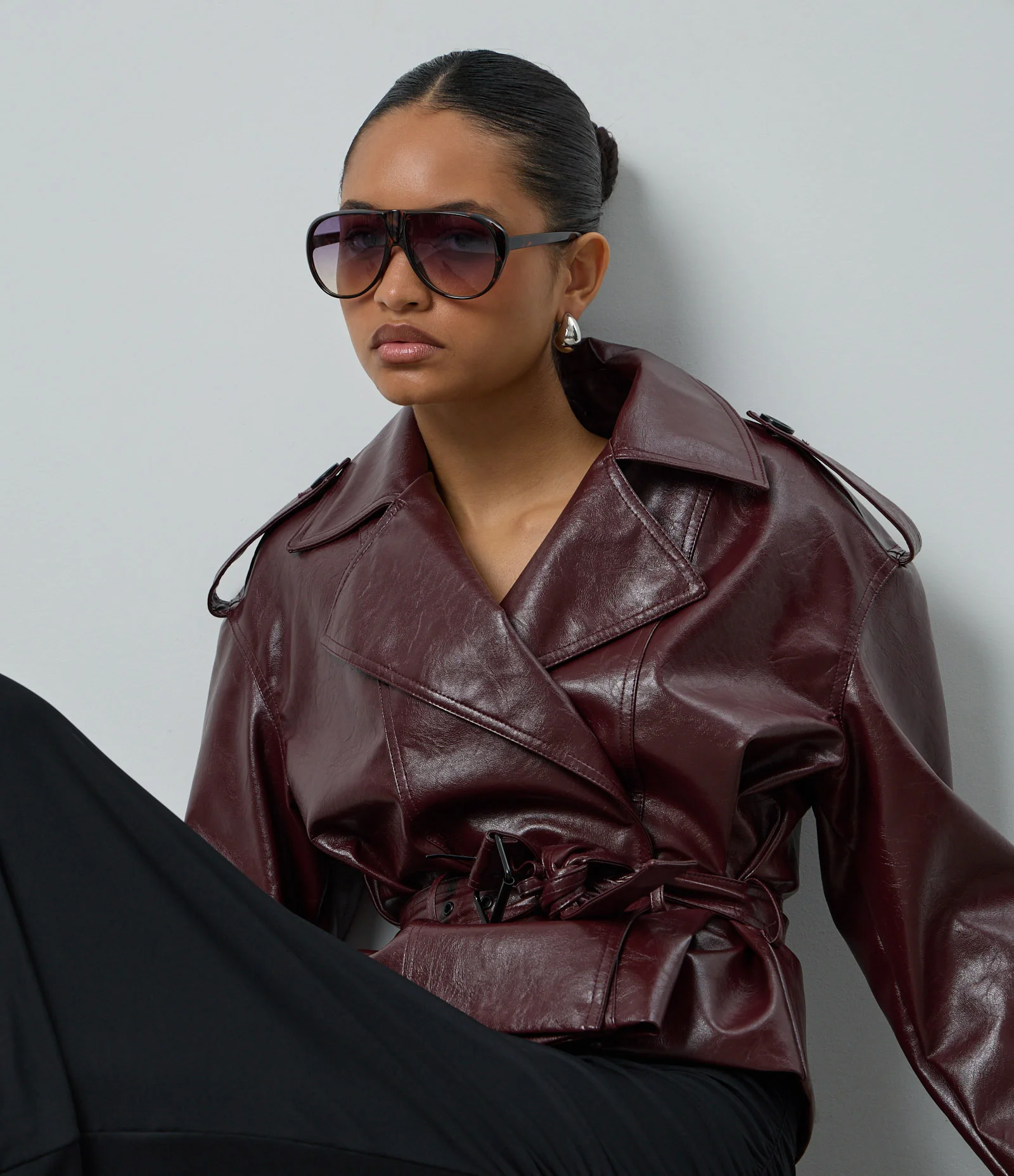 Jaqueta Trench Coat em PU com Cinto Vinho 1