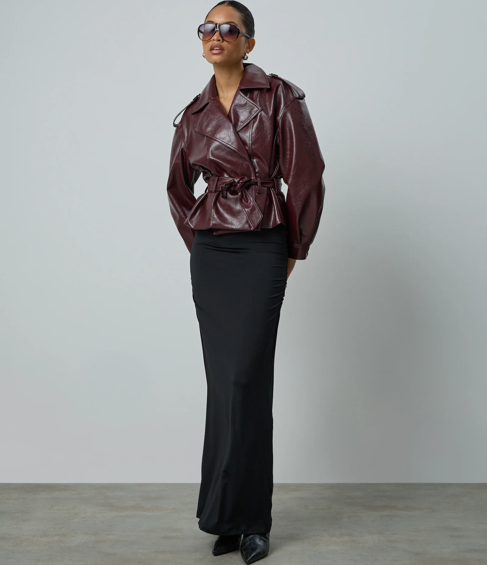 Jaqueta Trench Coat em PU com Cinto Vinho 2