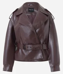 Jaqueta Trench Coat em PU com Cinto