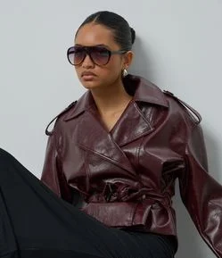 Jaqueta Trench Coat em PU com Cinto
