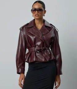 Jaqueta Trench Coat em PU com Cinto