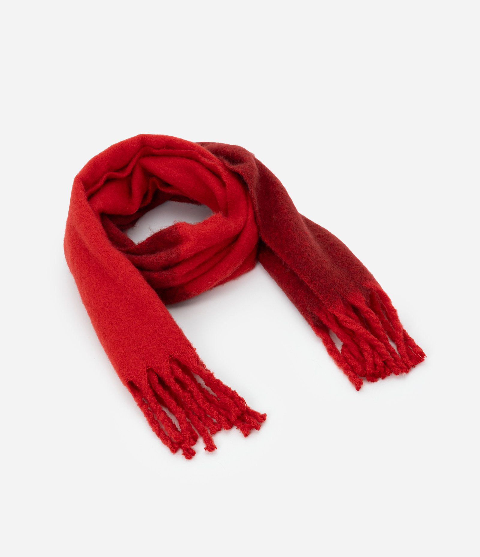 Cachecol em Flanela com Estampa Bloco de Cor e Franjas Vermelho 1