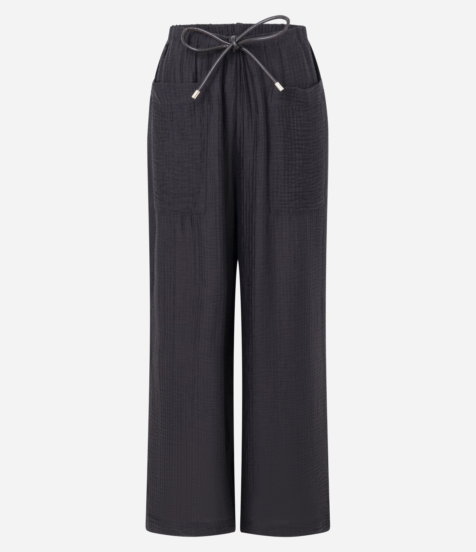 Calça Reta em Viscose com Bolsos Frontais e Cordão para Amarração Cinza 3