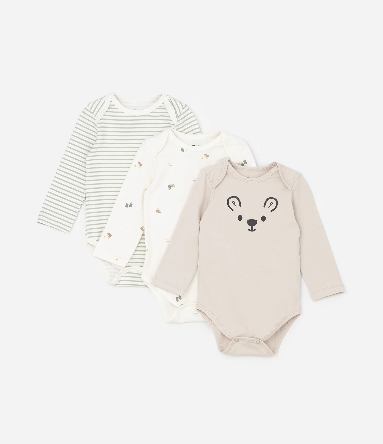 Kit 03 Bodies Infantis em Algodão com Estampas Variadas – Tam 0 a 18 Meses Bege/Branco/Verde 1