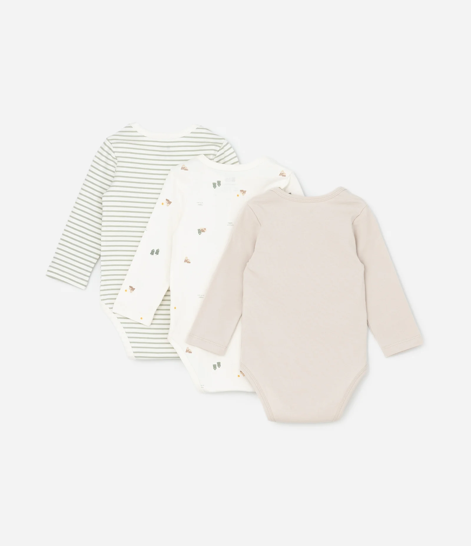 Kit 03 Bodies Infantis em Algodão com Estampas Variadas – Tam 0 a 18 Meses Bege/Branco/Verde 2